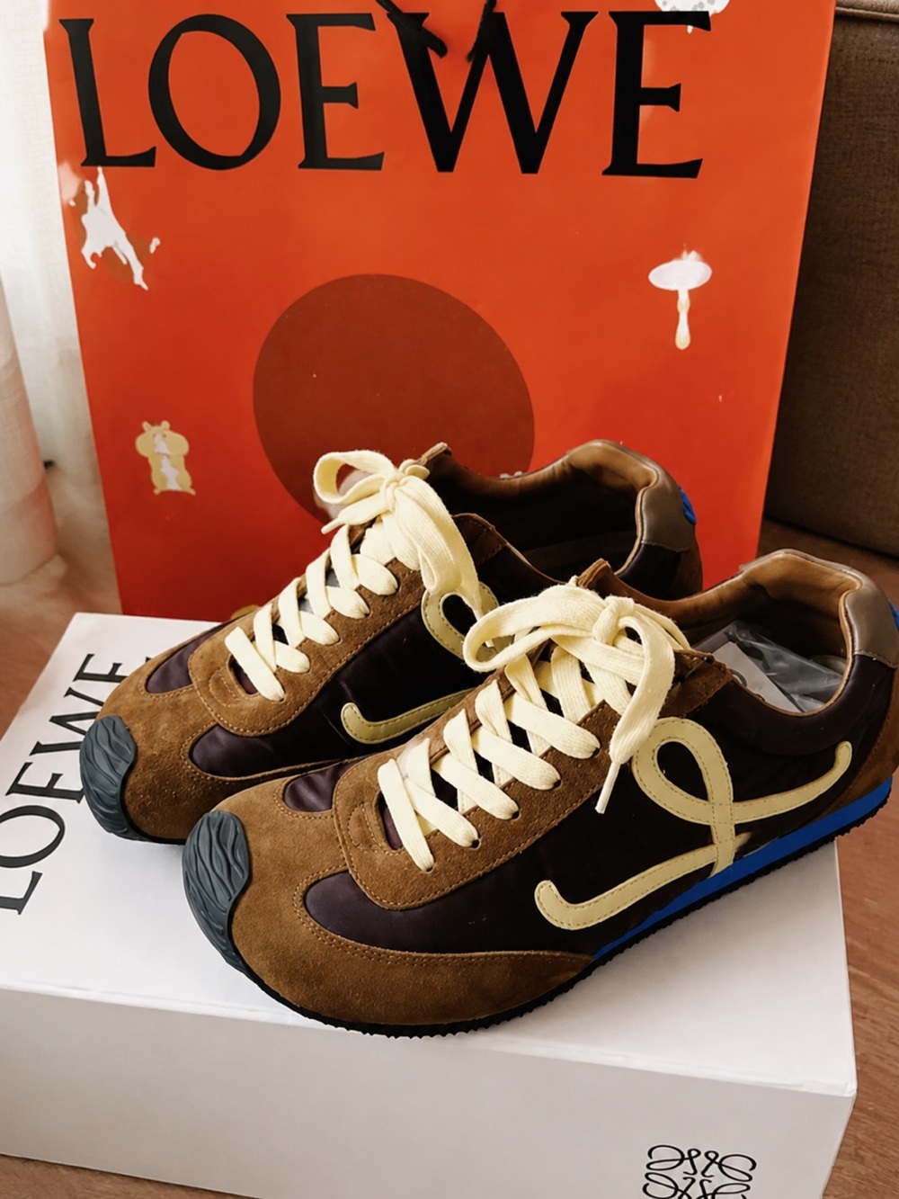 Loewe Brown Suede & Nylon Sneakers with Cream Accents and Blue Midsole - Picture 2 of 3